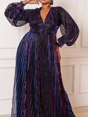 Iridescent Metallic Pleated Maxi Dress – V Neck Puff Sleeve - Size 2XL - HS0323